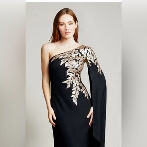 Tadashi Shoji Black One-Shoulder Dress with Metallic Gold Leaf Detail